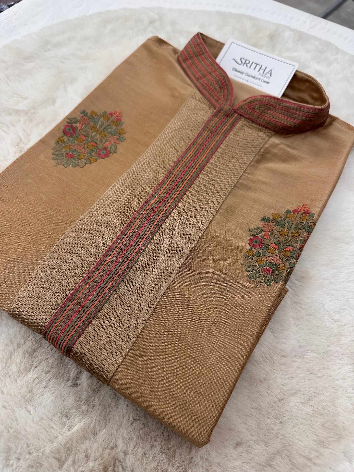 SM0625-06-04 Gold with Colourful Embroidery Floral Soft Silk Blend Kurta Set