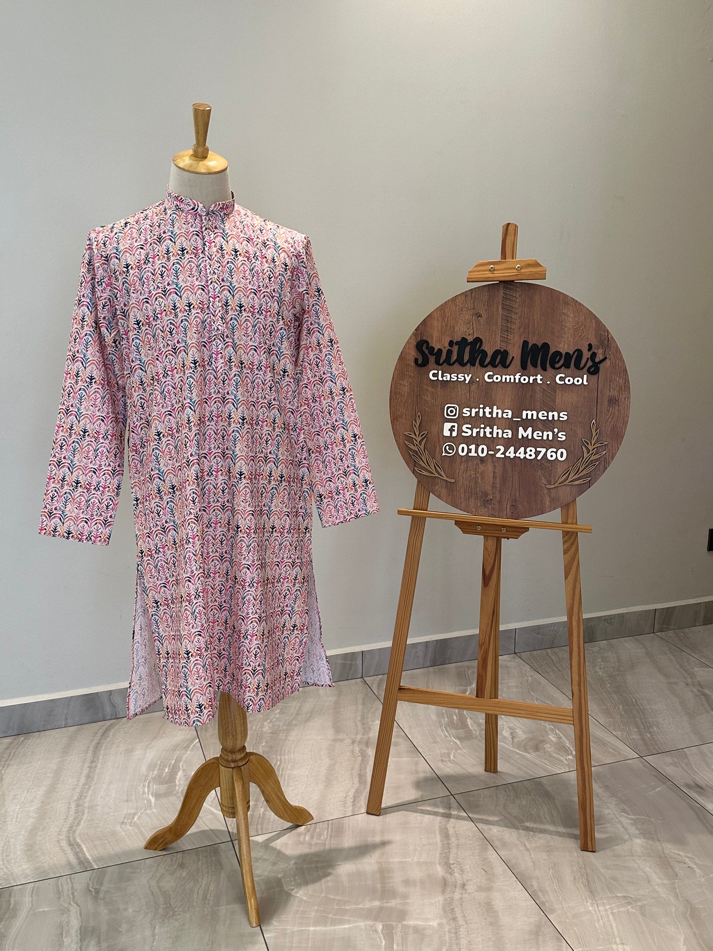 SM0625-01-07 Pink Blue White Khadi Silk Kurta