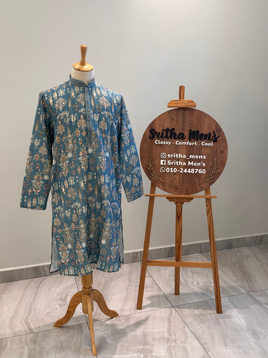 SM1225-01-11 Blue Floral Soft Cotton Silk Kurta