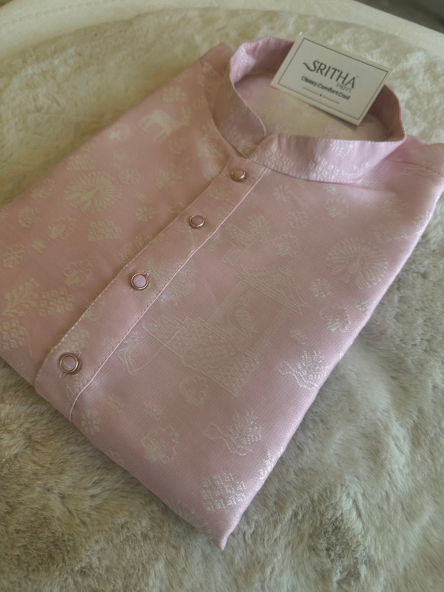 SM0825-02-02 Light Pink & Silver Motif Jacquard Silk Blend Kurta Set