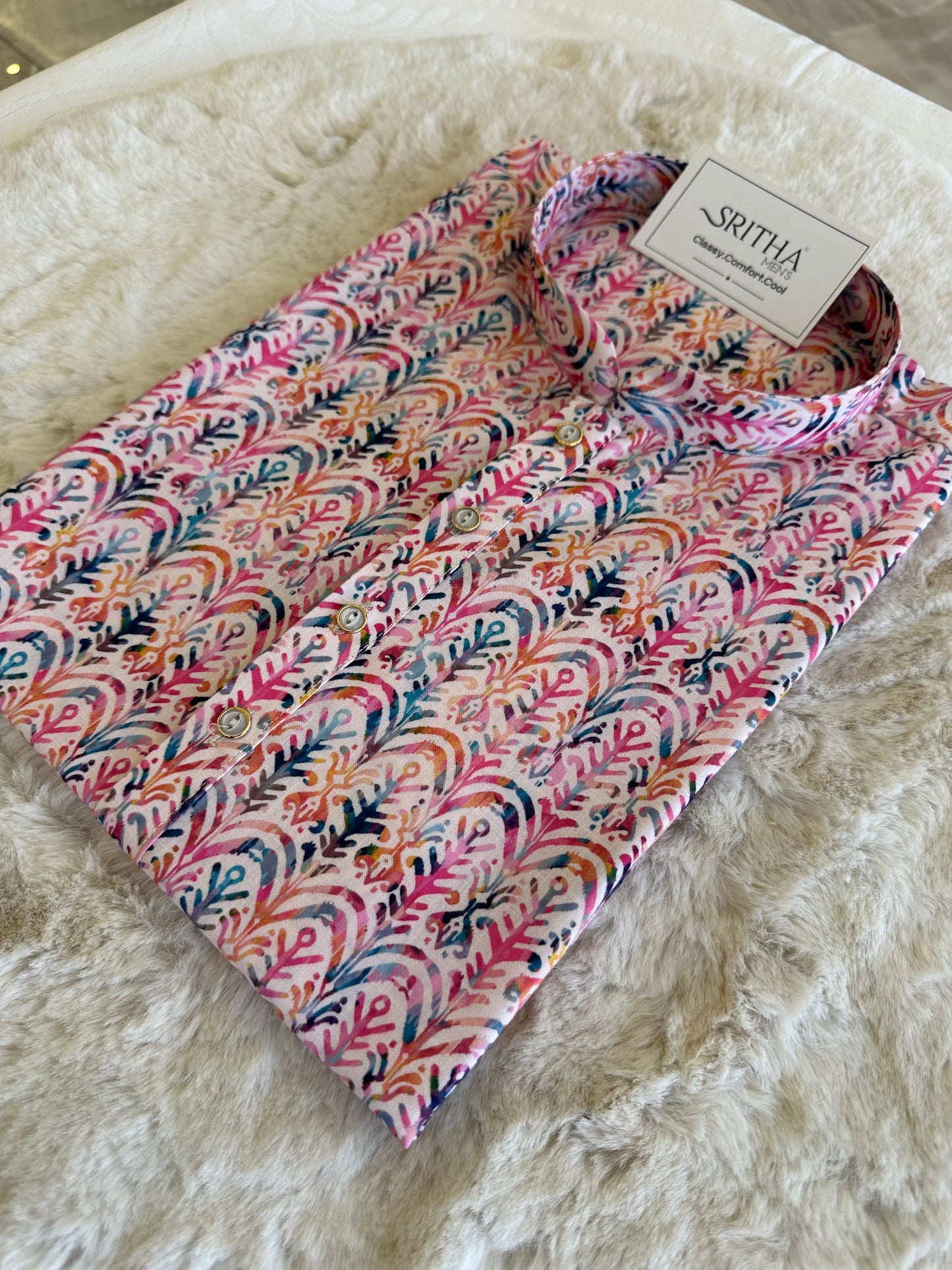 SM0625-01-07 Pink Blue White Khadi Silk Kurta