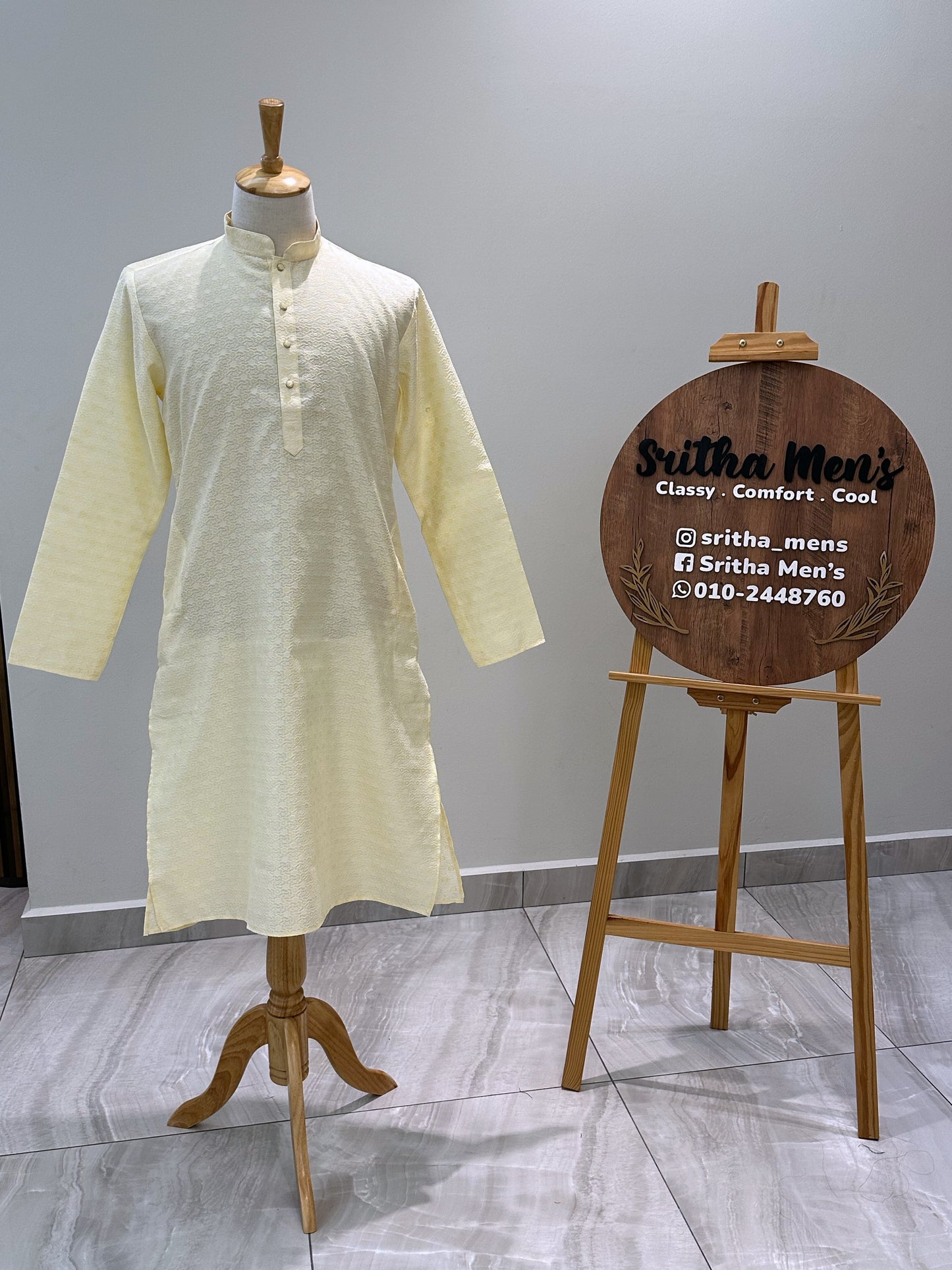 SM0724-02-10 Cream & Yellow Jacquard Silk Kurta Set