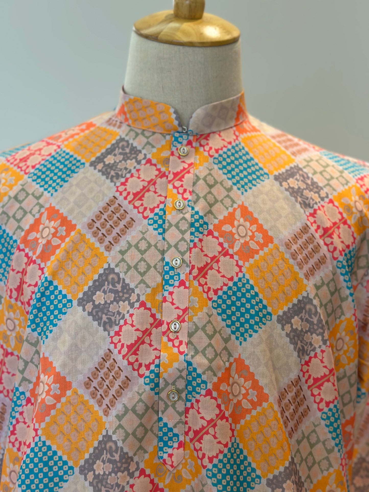 SM0625-01-03 Yellow Pink & Green Printed Cotton Kurta