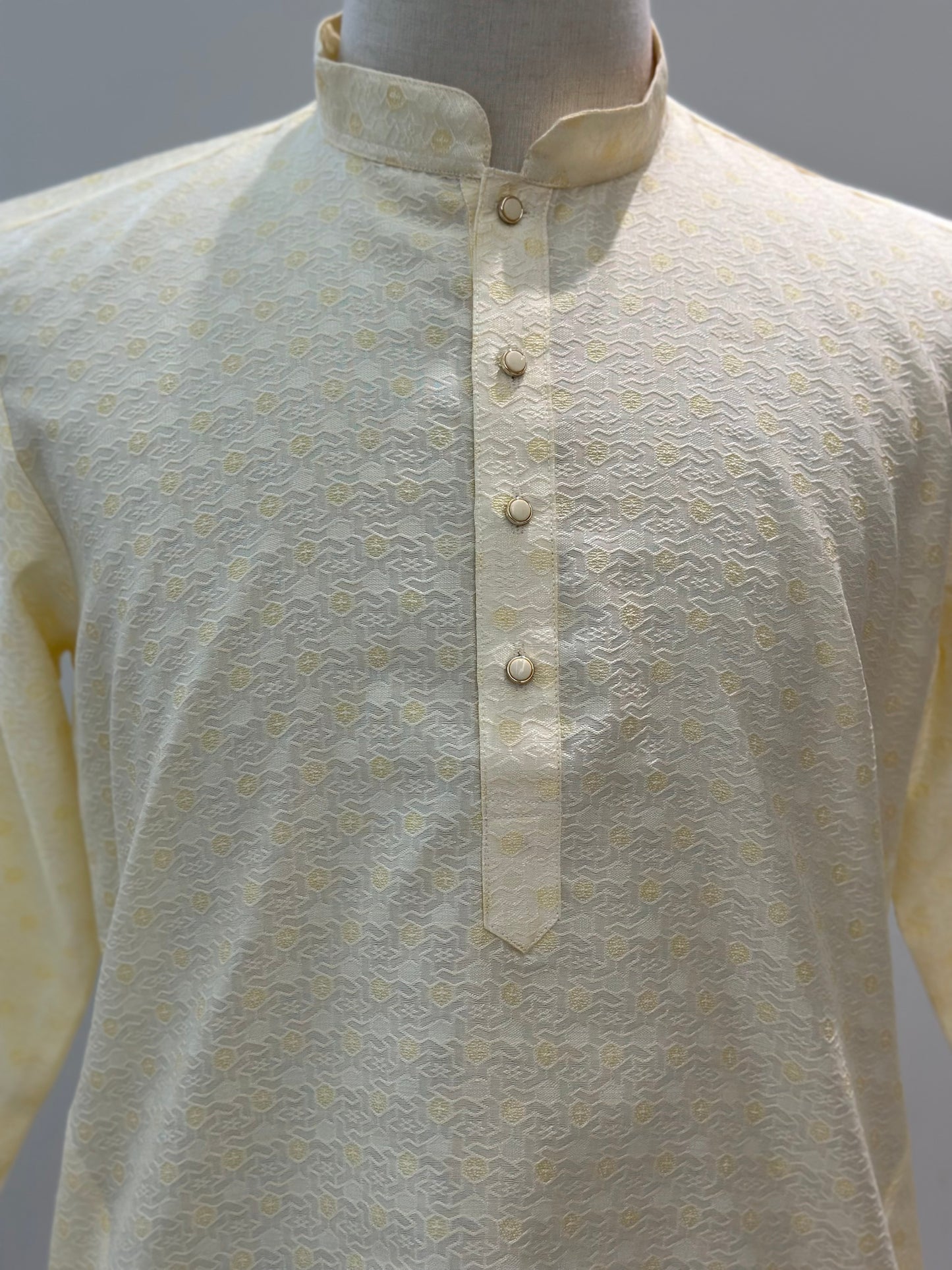 SM0724-02-10 Cream & Yellow Jacquard Silk Kurta Set