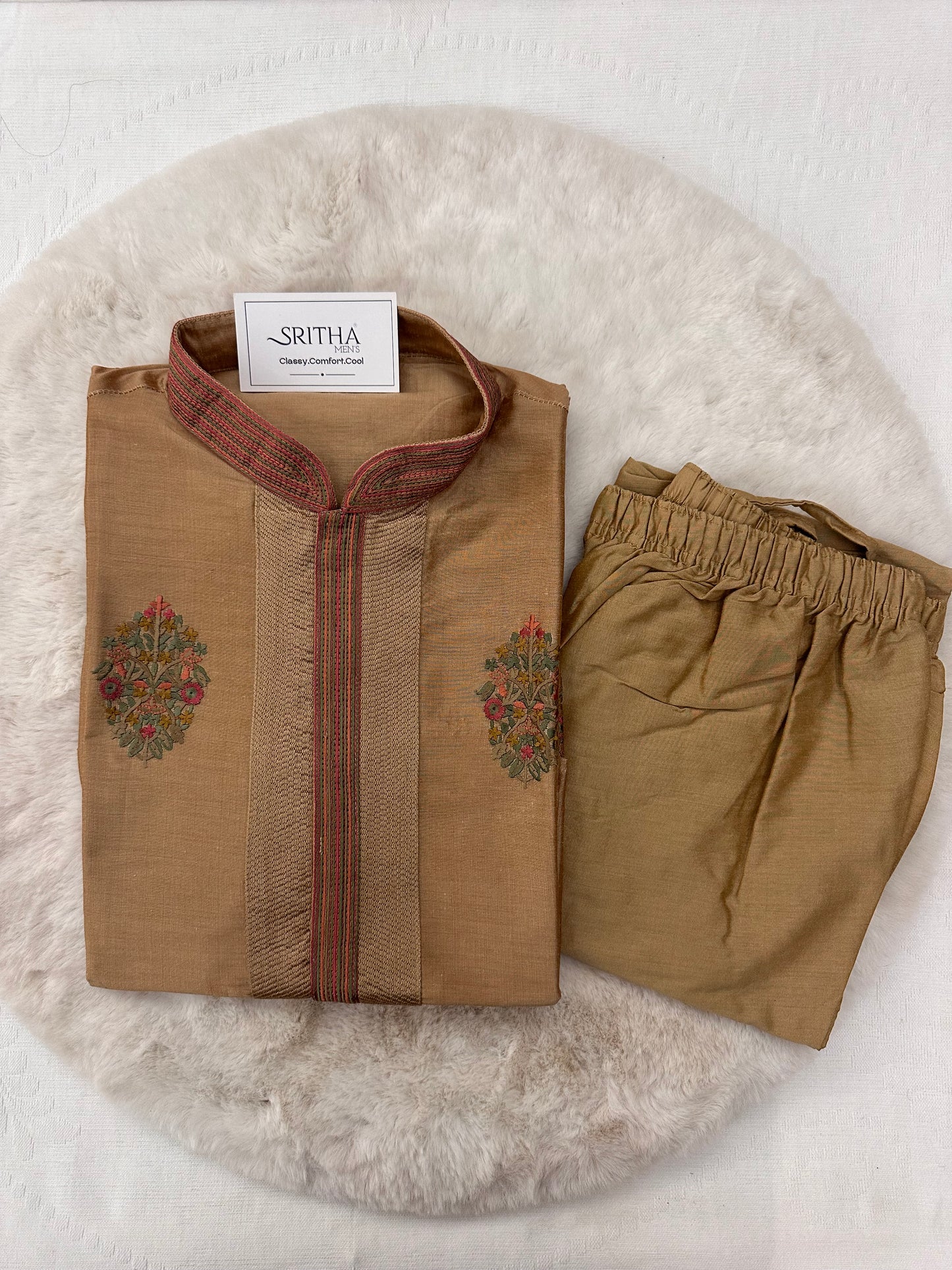 SM0625-06-04 Gold with Colourful Embroidery Floral Soft Silk Blend Kurta Set