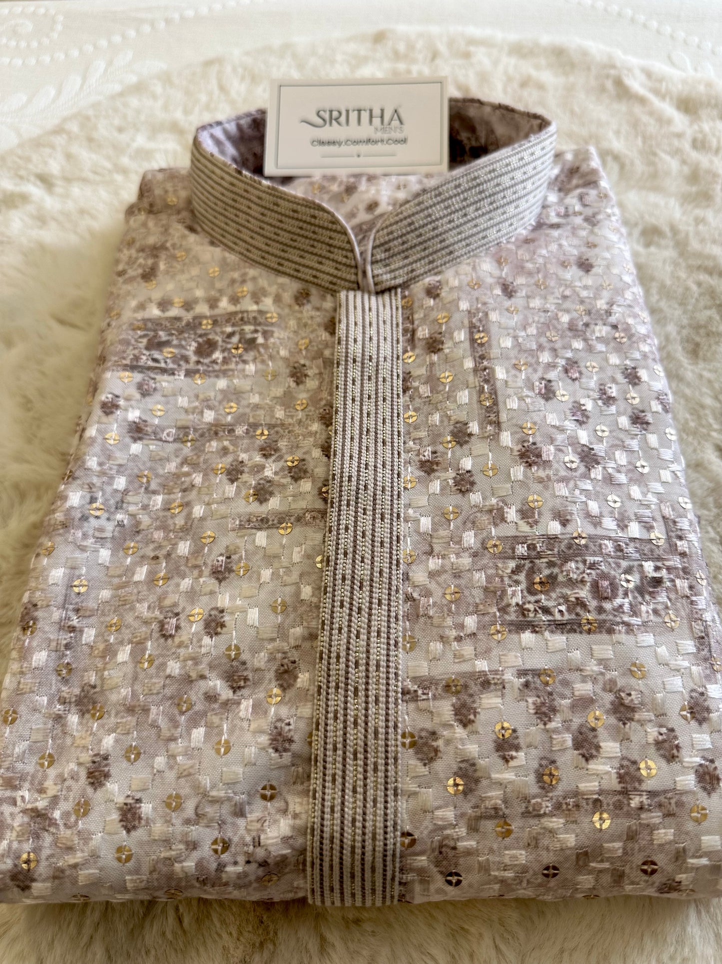 SM0525-02-18 White & Brown Gold Sequins with Full Cotton Lining Kurta Set