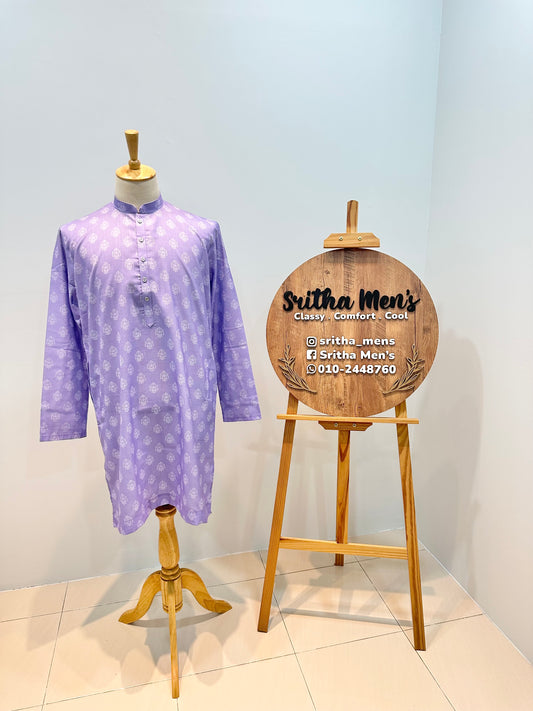 SM0726-01-01 Dark Lavender & White Printed Soft Cotton Kurta
