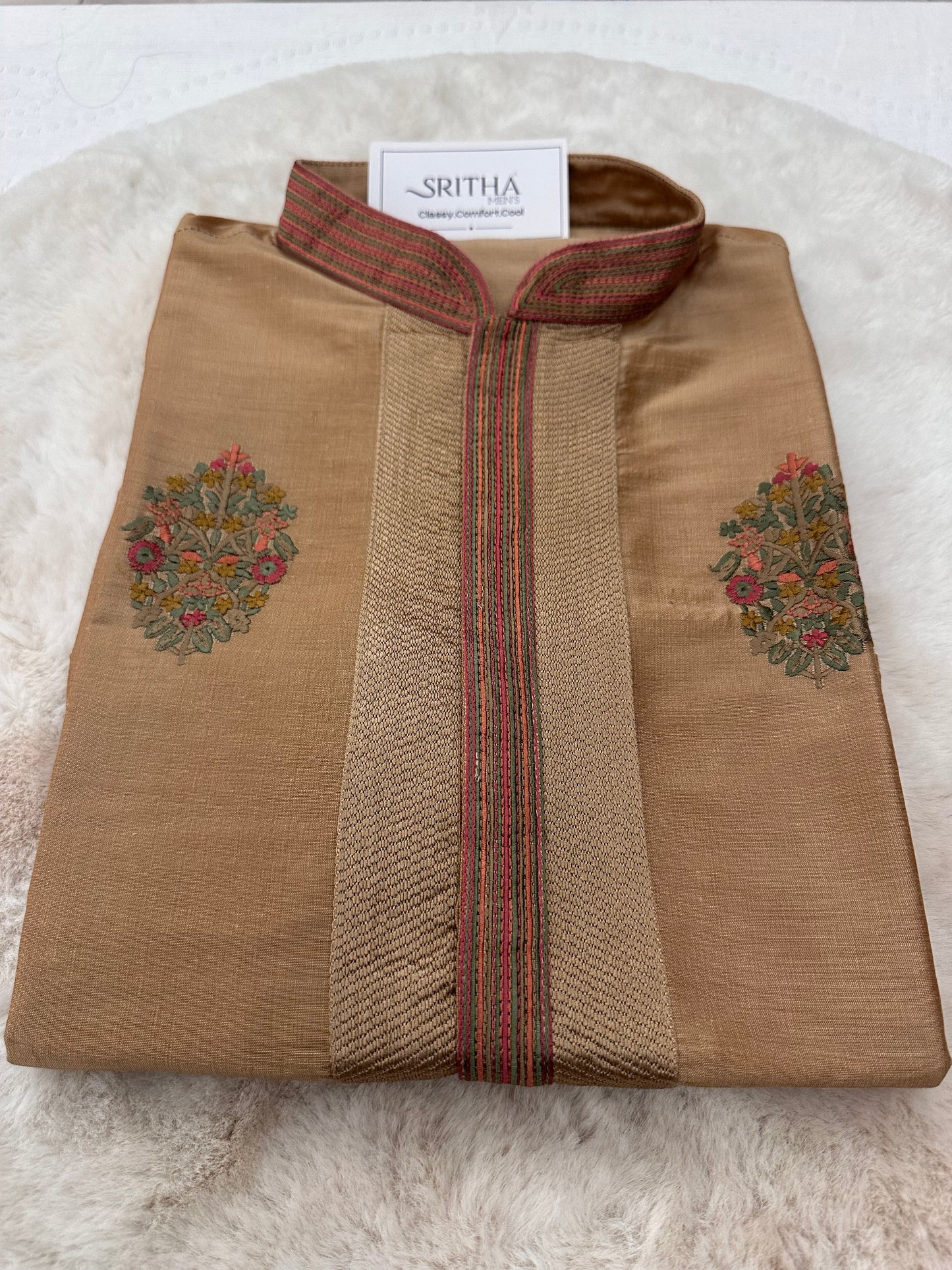 SM0625-06-04 Gold with Colourful Embroidery Floral Soft Silk Blend Kurta Set