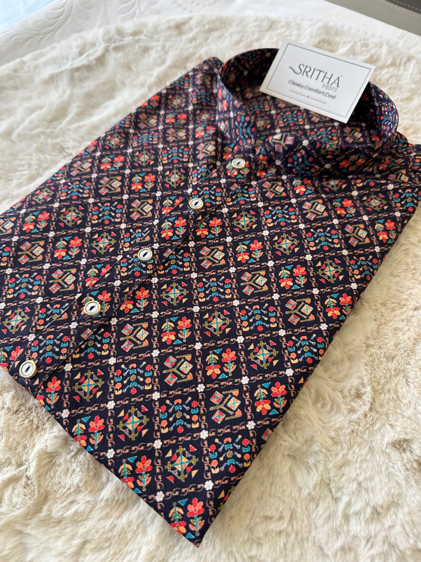 SM0625-01-15 Navy Blue & Striking Motif Khadi Silk Kurta