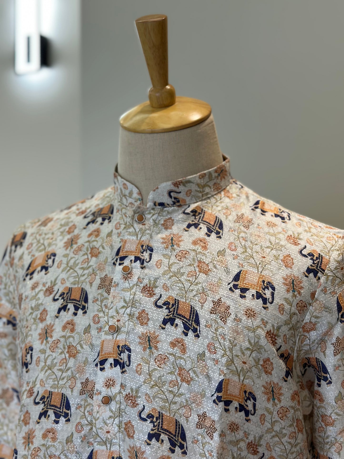 SM0725-02-01 White & Blue Elephant Soft Silk Blend Kurta Set
