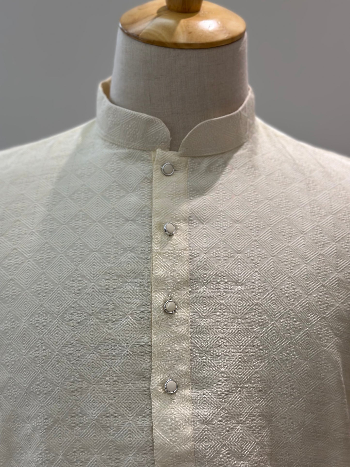 SM0525-02-01 Cream Heat Embossed Design Silk Blend Kurta Set