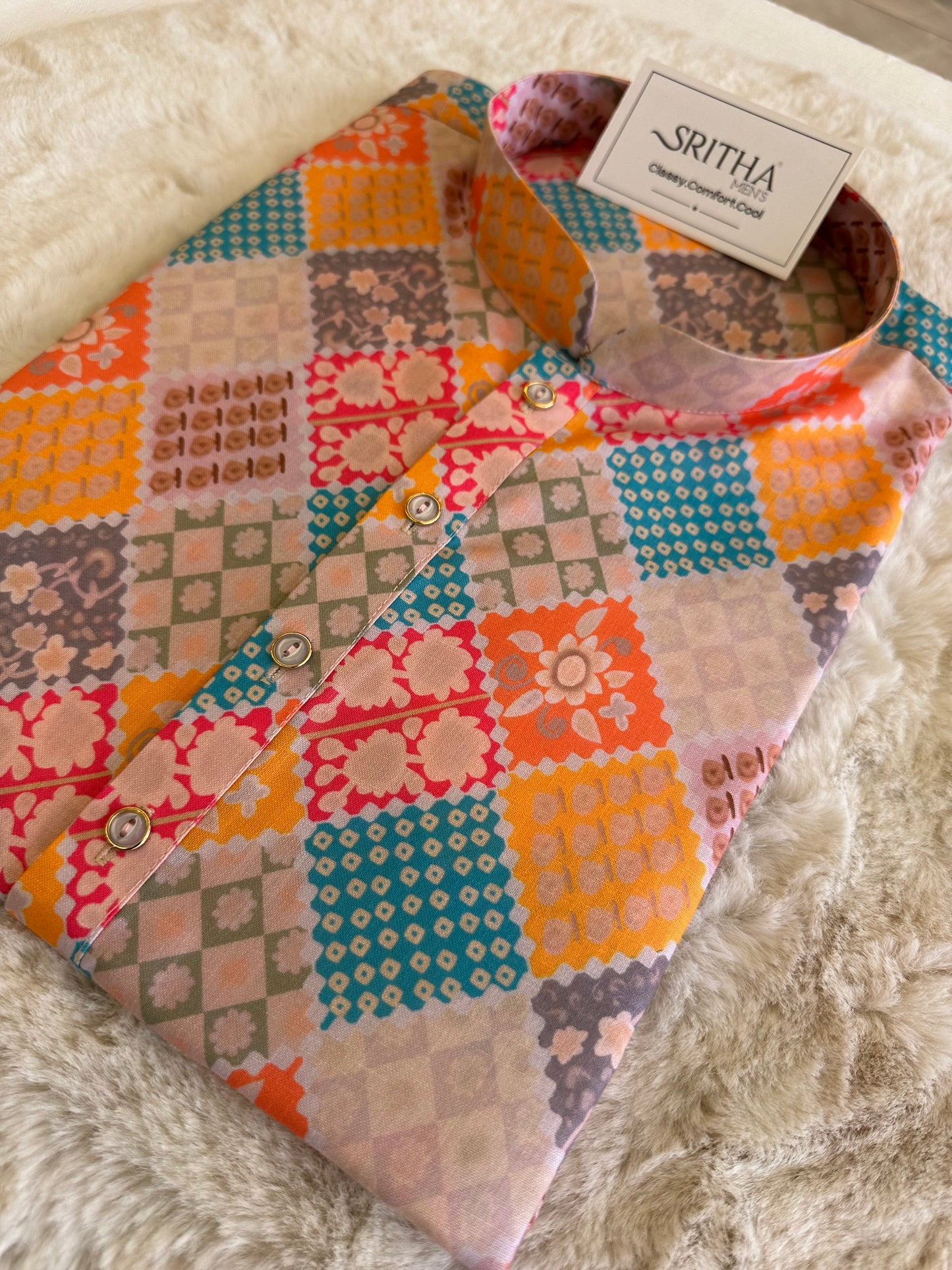 SM0625-01-03 Yellow Pink & Green Printed Cotton Kurta