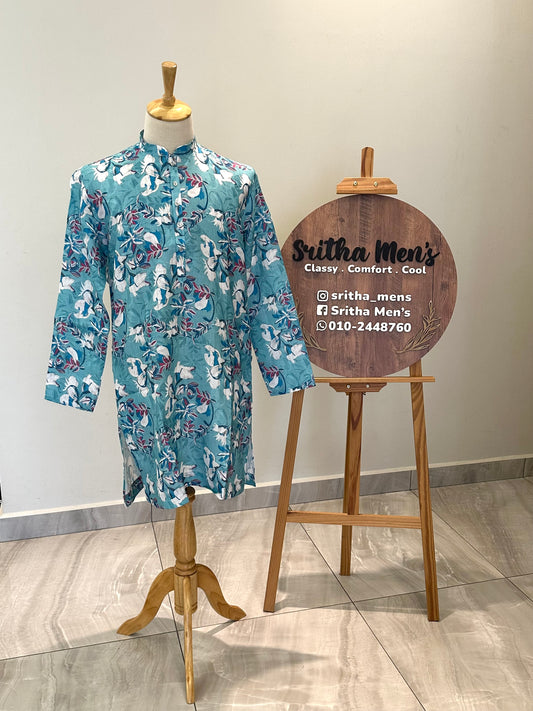 SM0626-01-01 Blue & White Floral Design Printed Linen Blend Kurta