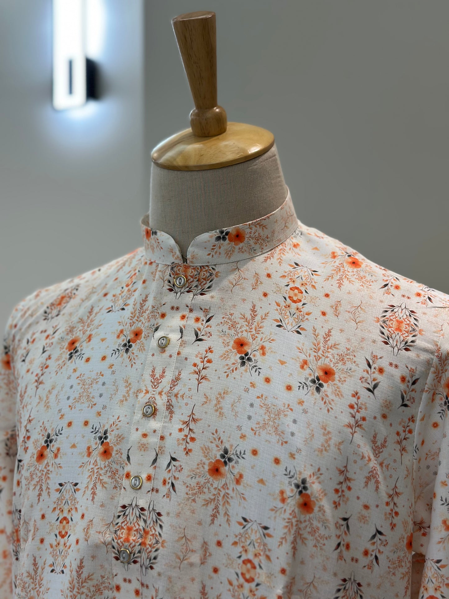 SM0625-01-16 White and Orange Floral Viscose Print Kurta