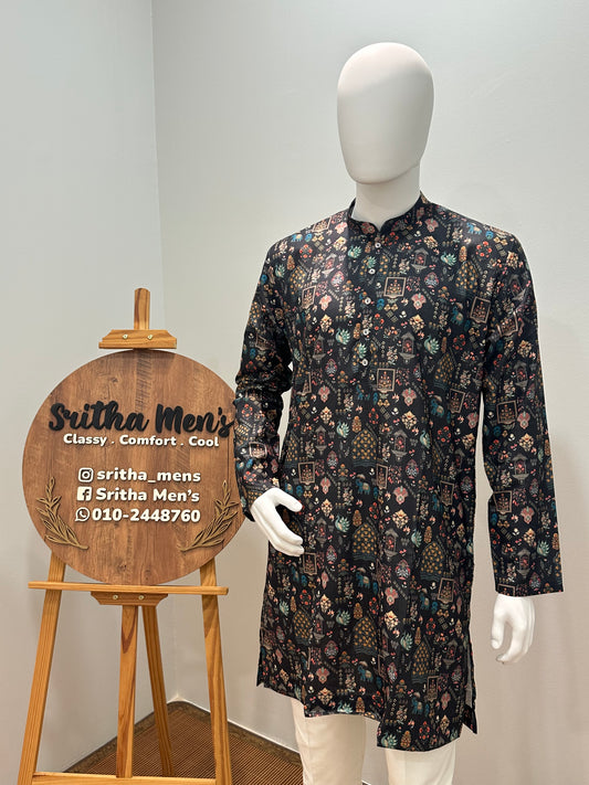 SM0726-01-02 Black Base Animal Printed Soft Cotton Kurta