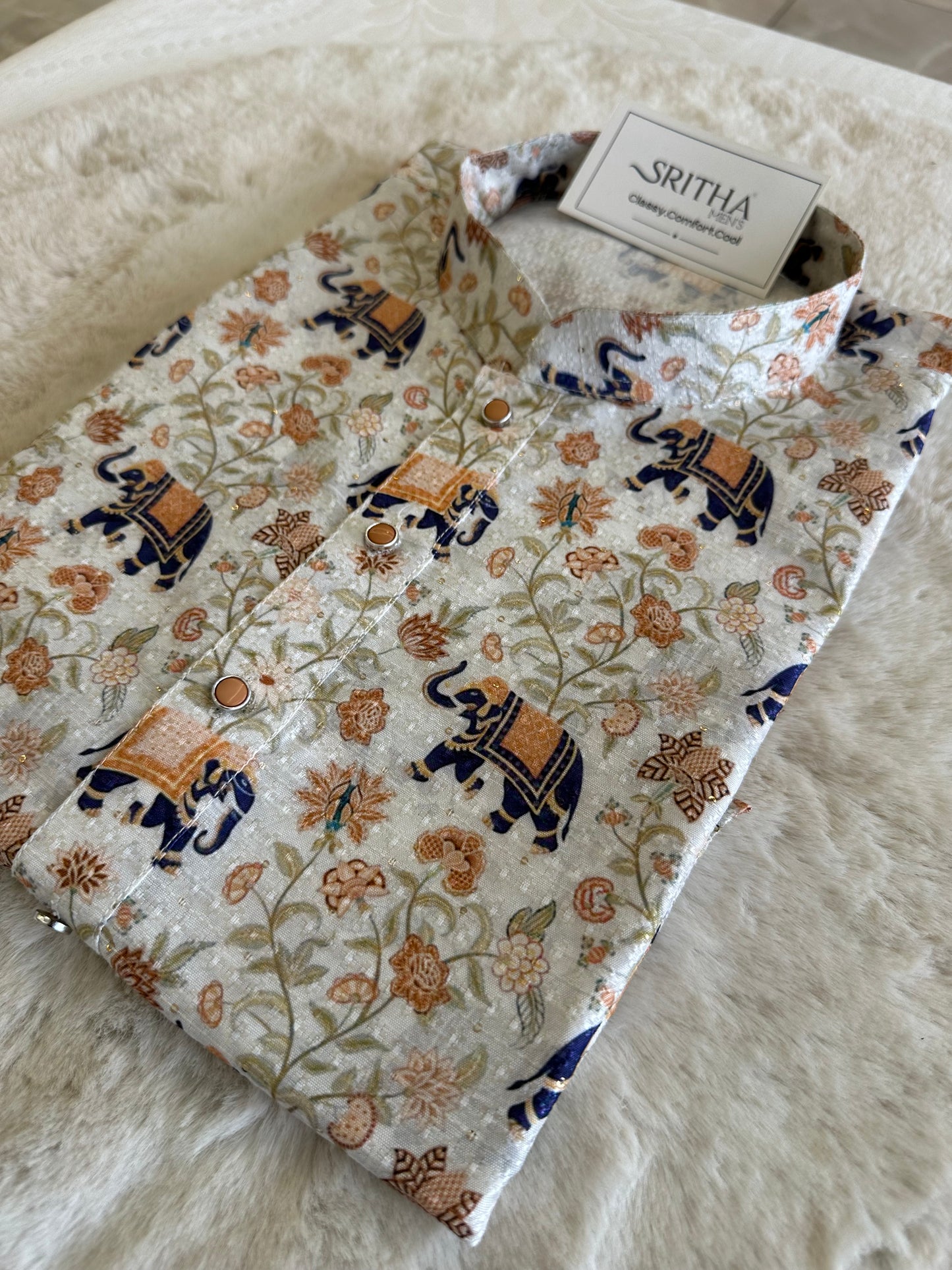 SM0725-02-01 White & Blue Elephant Soft Silk Blend Kurta Set