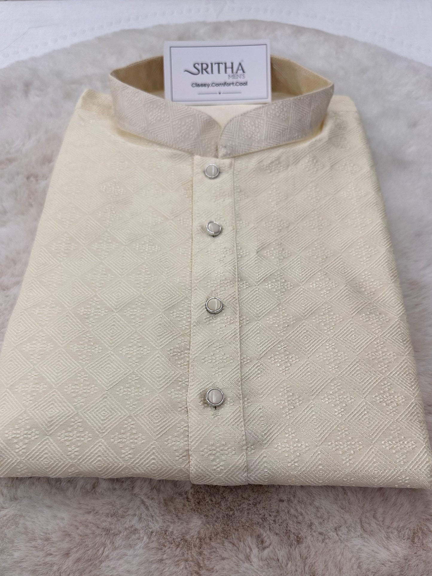 SM0525-02-01 Cream Heat Embossed Design Silk Blend Kurta Set