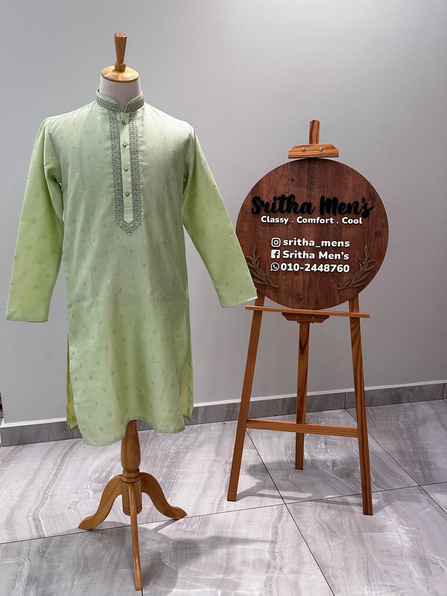 SM0525-02-19 Light Green Stone & Sequins Work Silk Blend with Lining Kurta Set