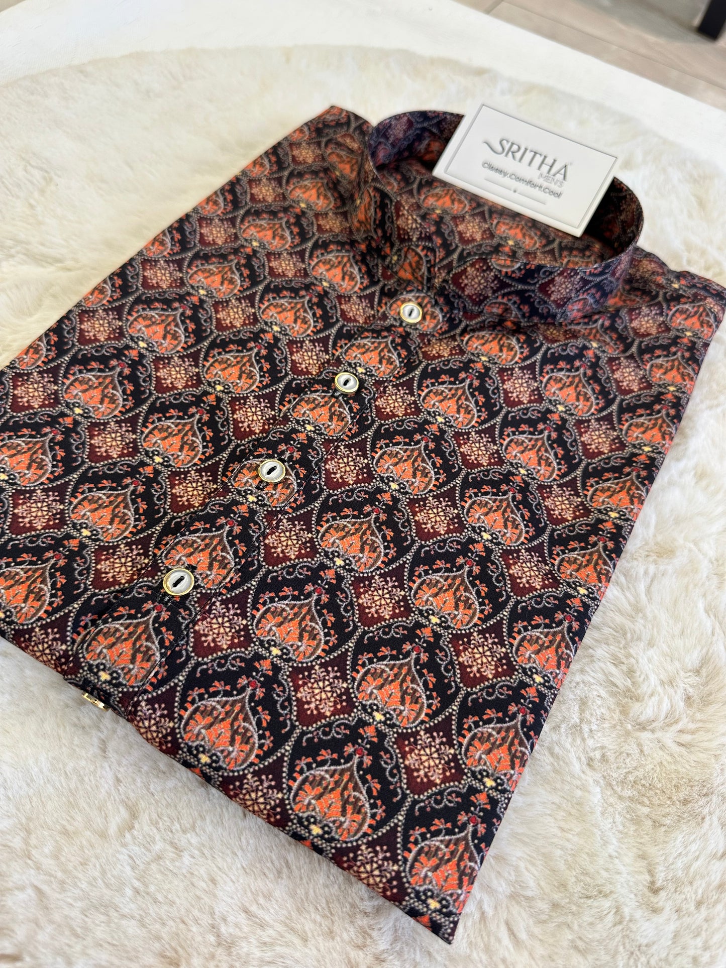SM0625-01-12 Black & Orange Floral Khadi Silk Kurta