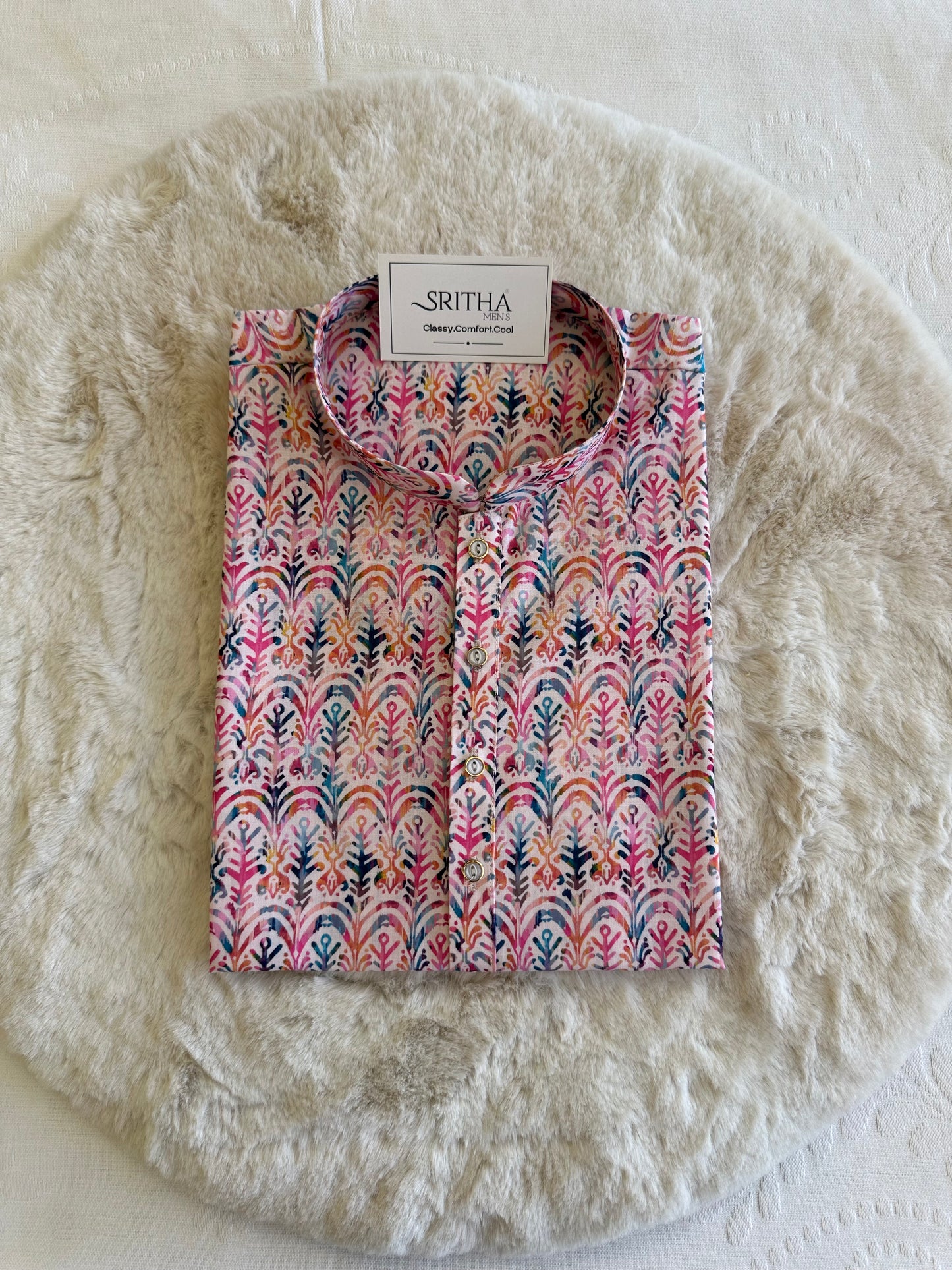 SM0625-01-07 Pink Blue White Khadi Silk Kurta