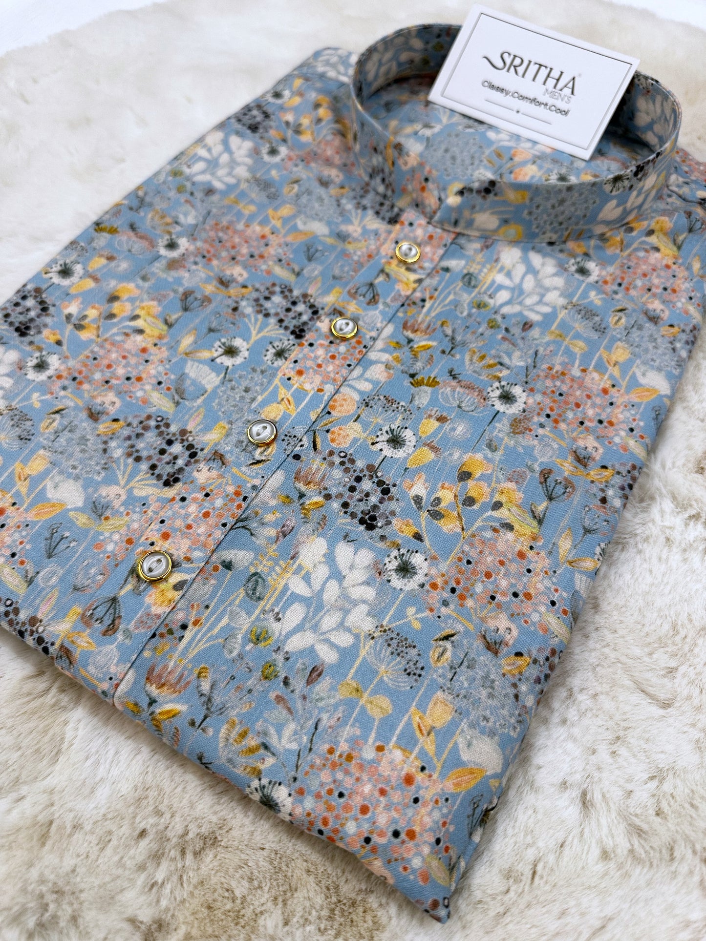 SM1224-01-07 Light Blue Floral Print Soft Kurta
