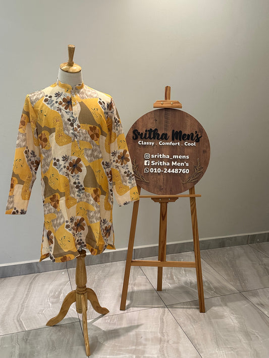 SM0626-01-06 Yellow Floral Printed Linen Blend Kurta