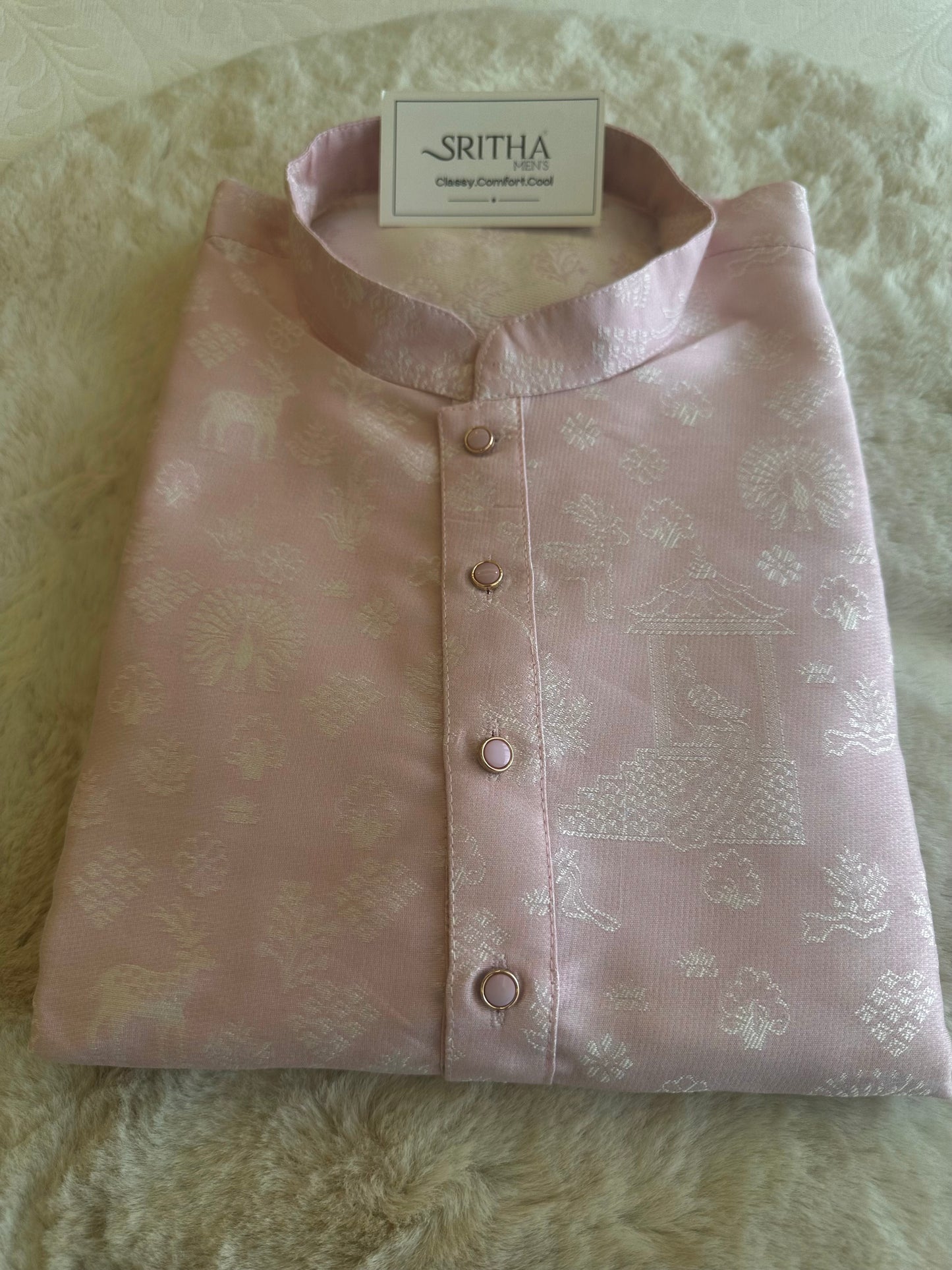 SM0825-02-02 Light Pink & Silver Motif Jacquard Silk Blend Kurta Set