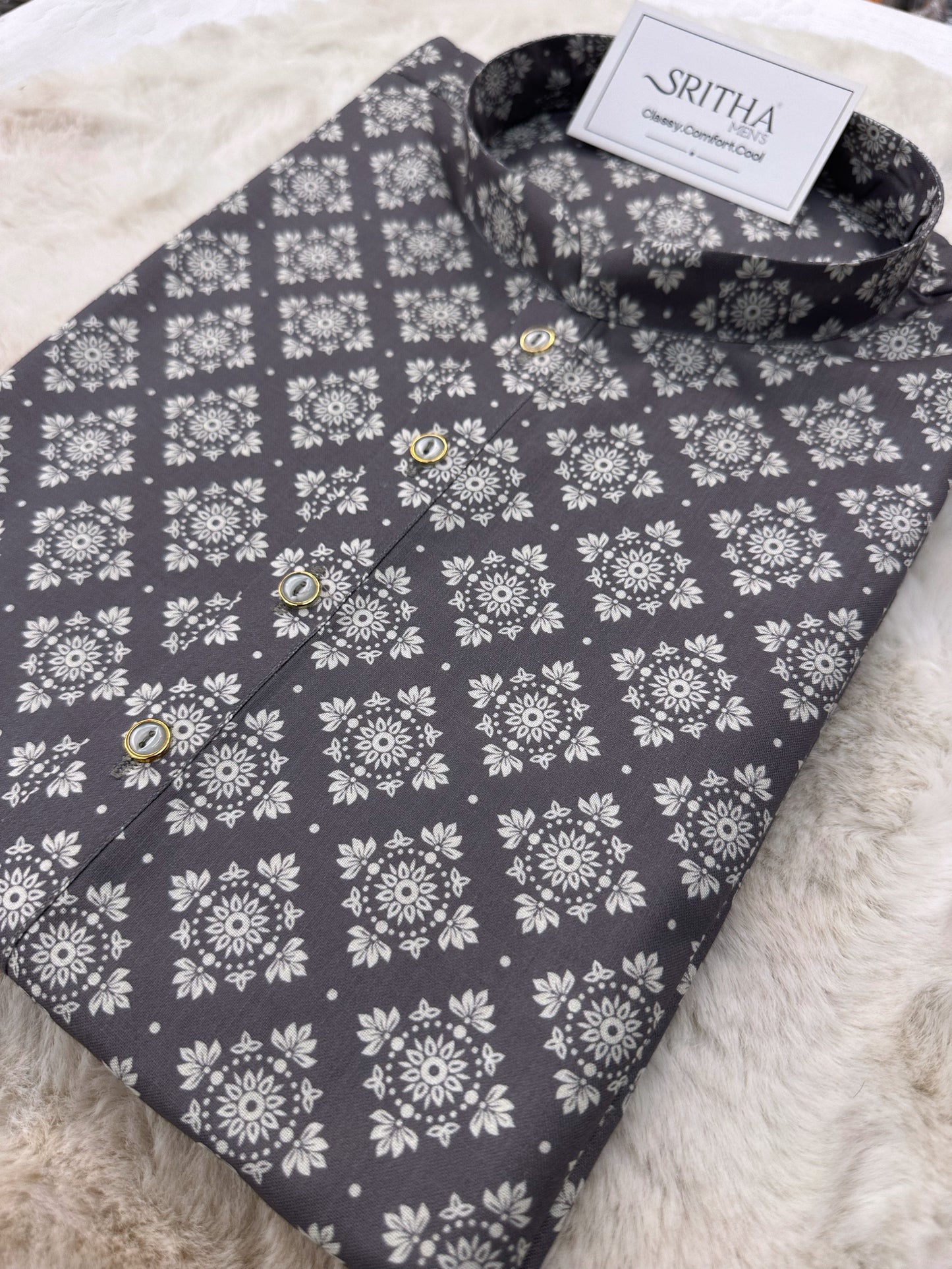 SM0625-01-06 Grey & White Printed Cotton Kurta