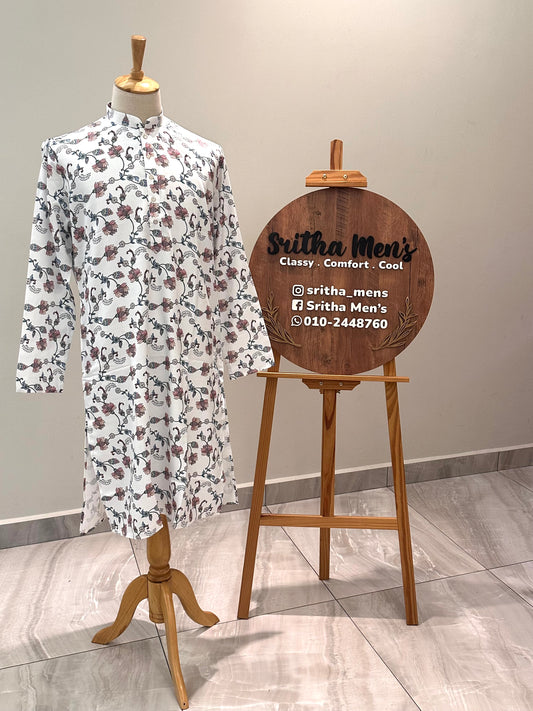SM1225-01-03 White Base Blue Floral Soft Khadi Silk Kurta