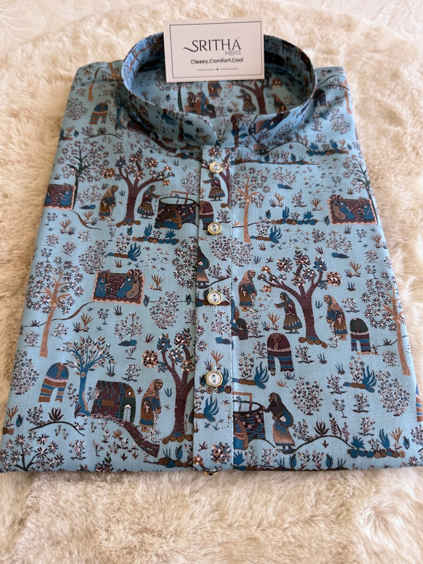 SM0625-01-02 Light Blue Printed Cotton Kurta