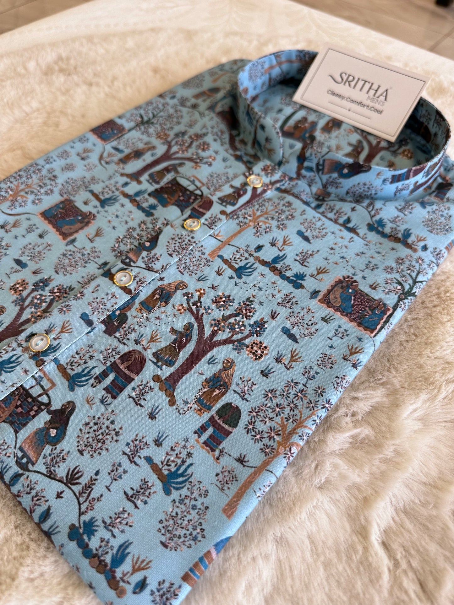 SM0625-01-02 Light Blue Printed Cotton Kurta