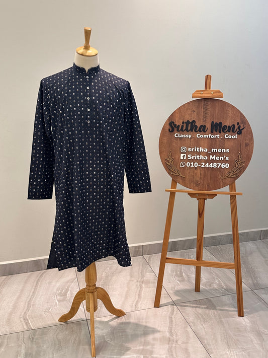 SM0226-01-06 Dark Navy Blue & White Printed Cotton Kurta