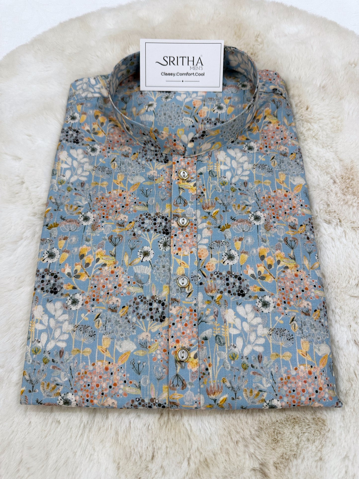 SM1224-01-07 Light Blue Floral Print Soft Kurta