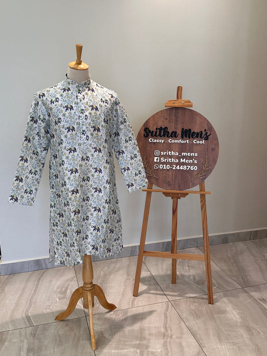 SM1125-02-06 Off White Blue Elephant Print Soft Silk Blend Kurta Set