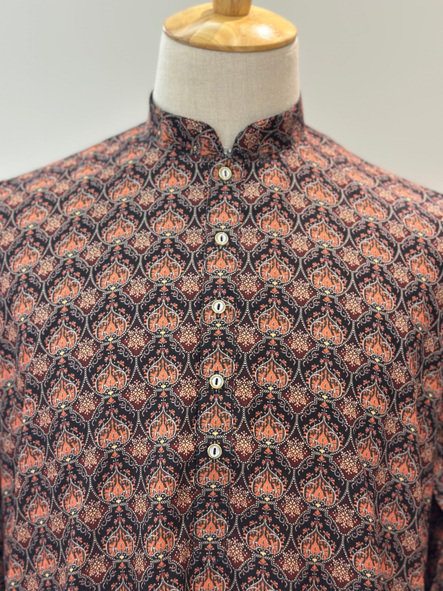 SM0625-01-12 Black & Orange Floral Khadi Silk Kurta