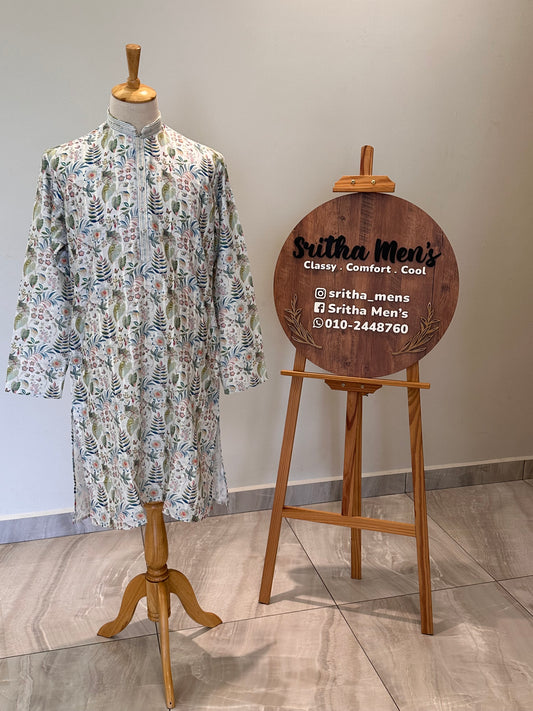 SM1225-01-10 White Base & Leaves Soft Cotton Silk Kurta