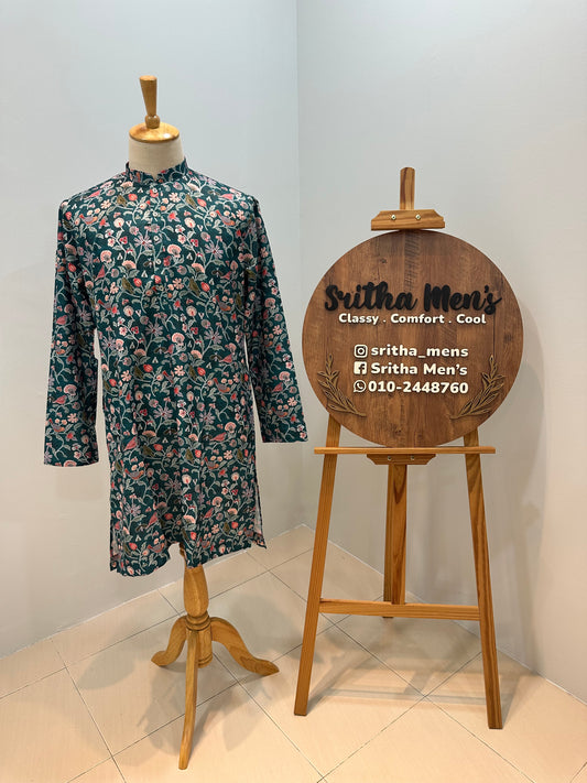 SM0726-01-04 Green Floral & Bird Printed Soft Cotton Kurta