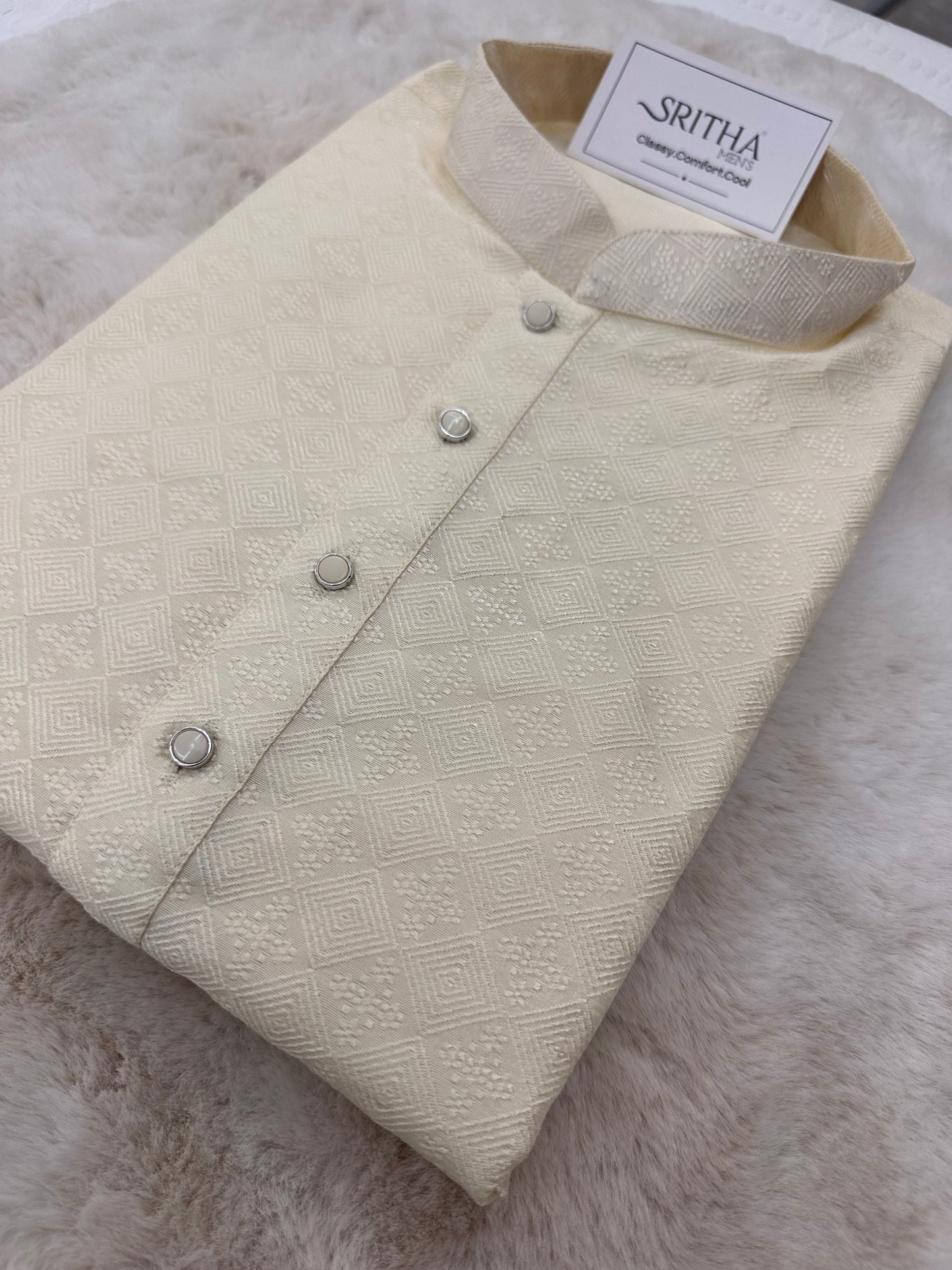 SM0525-02-01 Cream Heat Embossed Design Silk Blend Kurta Set