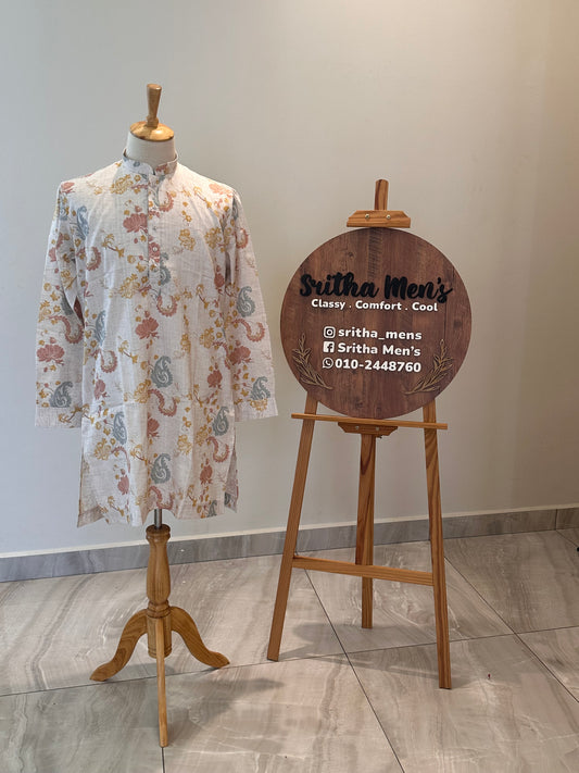 SM0226-01-05 Beige & Pink Yellow Floral Cotton Linen Kurta Set