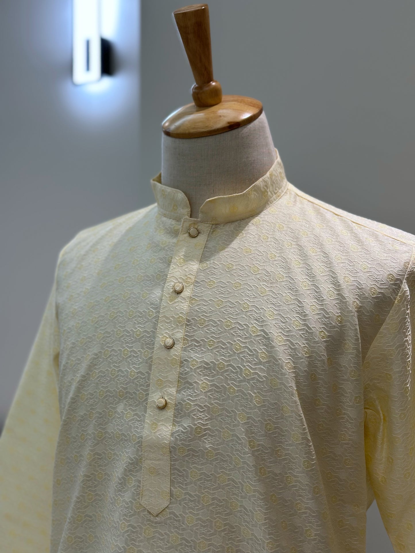 SM0724-02-10 Cream & Yellow Jacquard Silk Kurta Set
