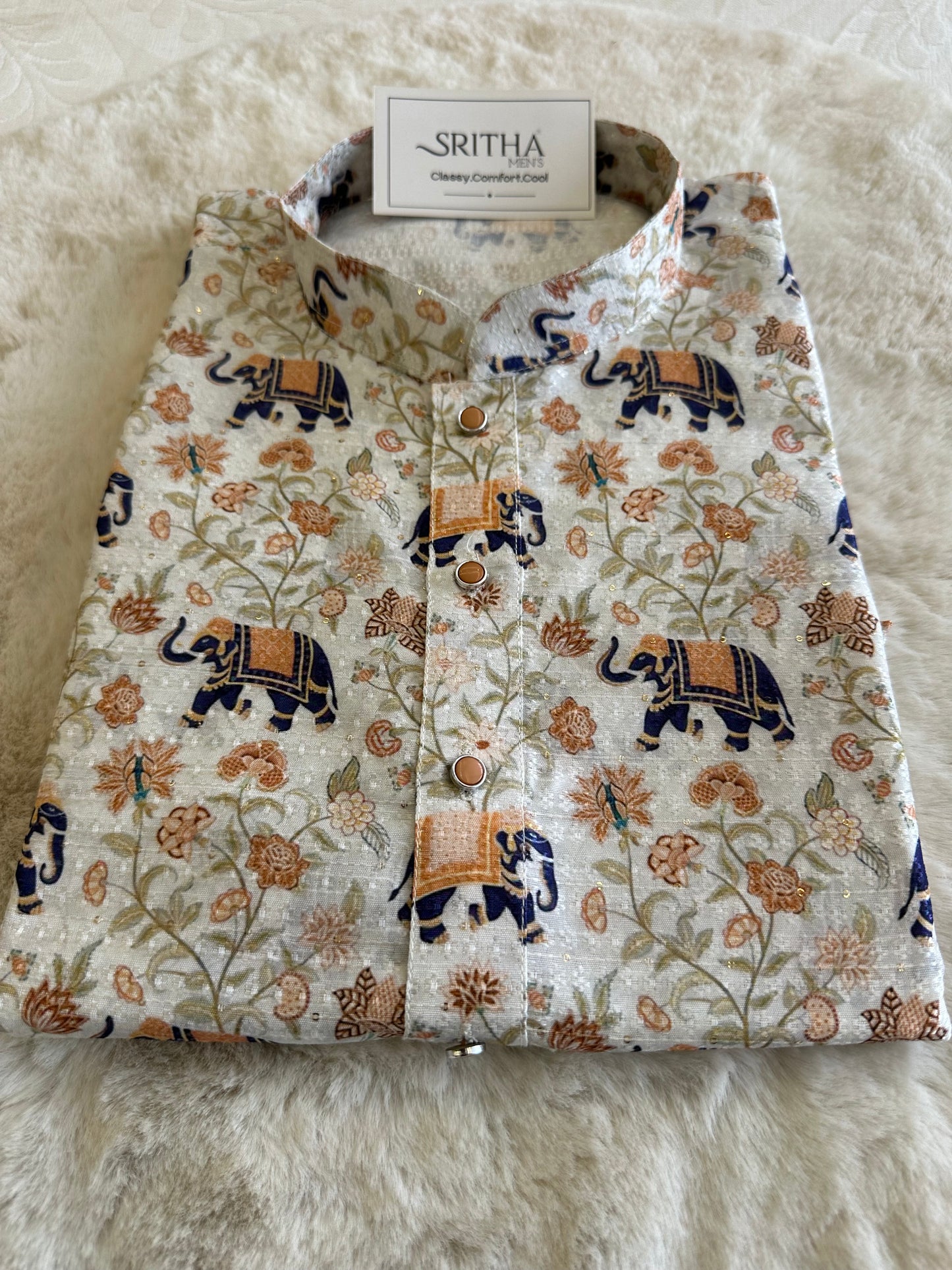SM0725-02-01 White & Blue Elephant Soft Silk Blend Kurta Set