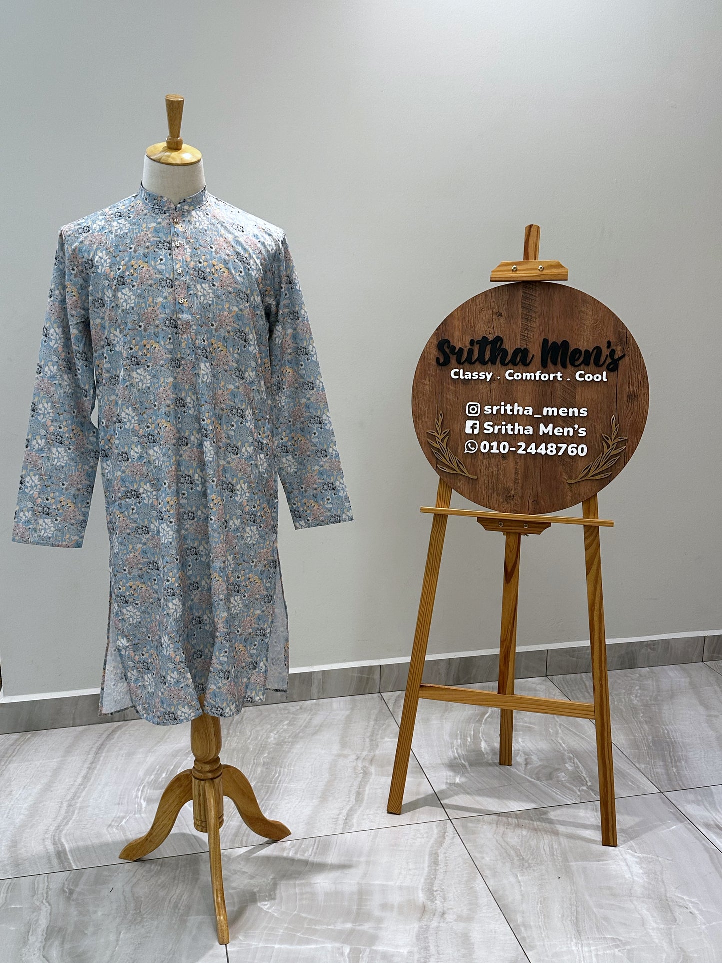 SM1224-01-07 Light Blue Floral Print Soft Kurta