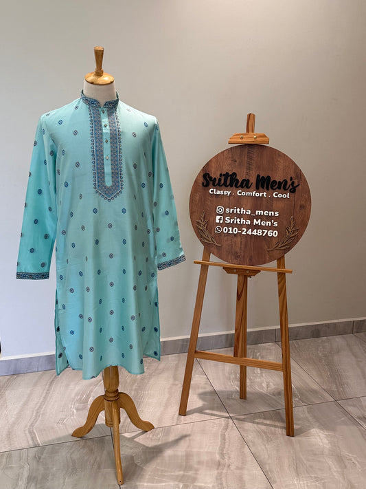 SM1125-06-02 Turquoise Soft Silk & Woven Design Kurta Set