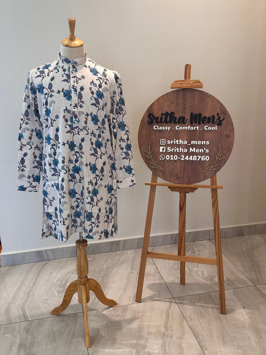 SM0226-01-03 Beige & Blue Purple Floral Cotton Linen Kurta Set