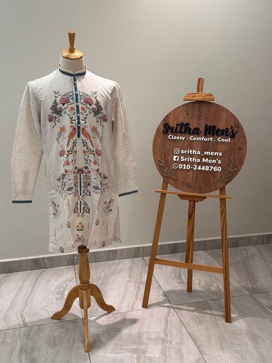 SM0226-01-01 Beige & Blue Leaf Floral Cotton Linen Kurta Set
