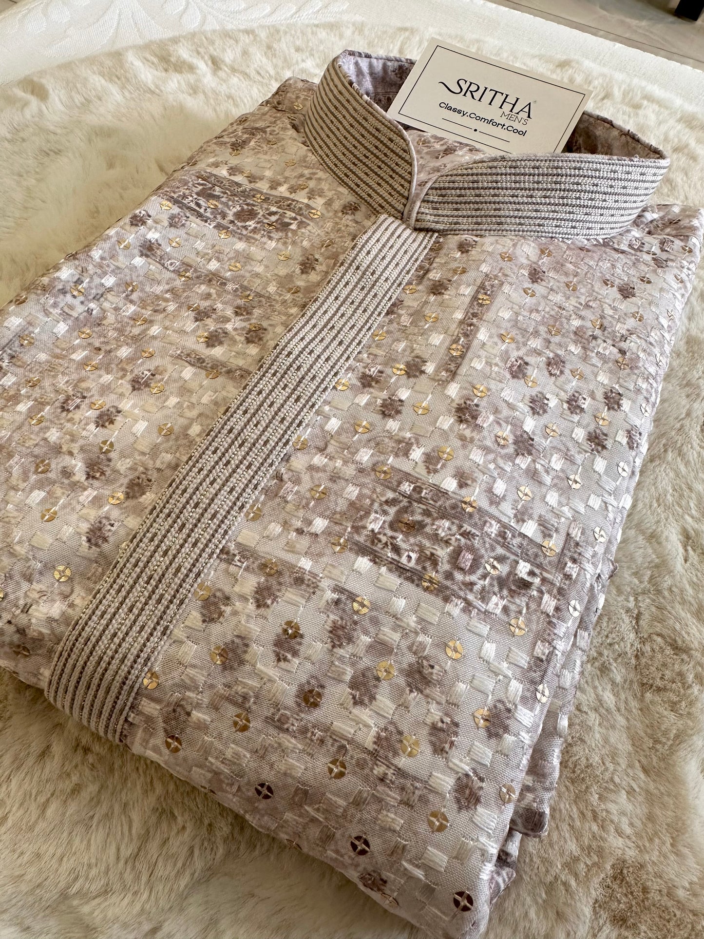 SM0525-02-18 White & Brown Gold Sequins with Full Cotton Lining Kurta Set