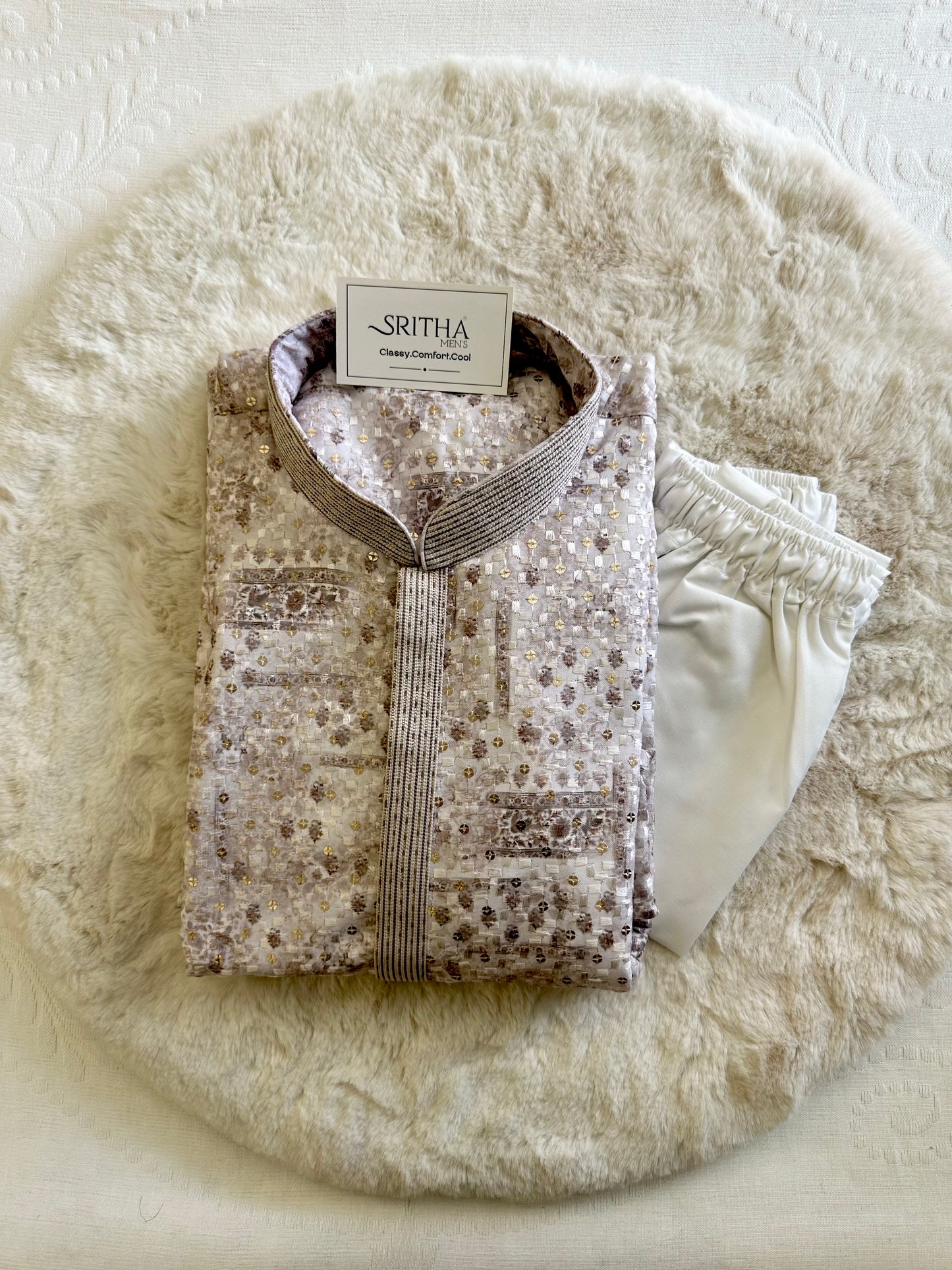 SM0525-02-18 White & Brown Gold Sequins with Full Cotton Lining Kurta Set