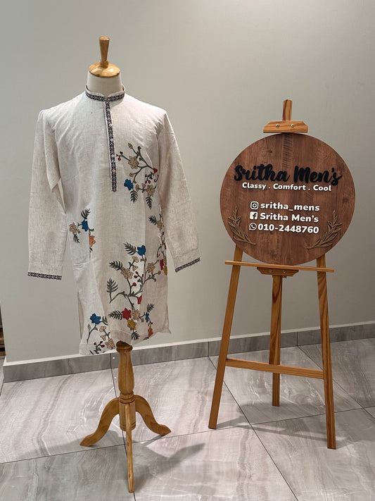 SM0226-01-02 Beige With Blue Orange Floral Cotton Linen Kurta Set