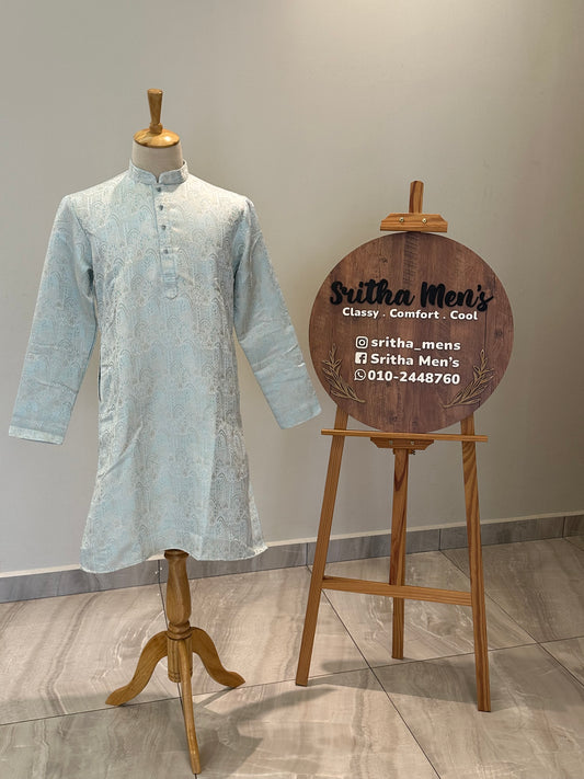 SM0526-02-04 Dual Shade Blue With Golden Lining Jacquard Silk Kurta Set