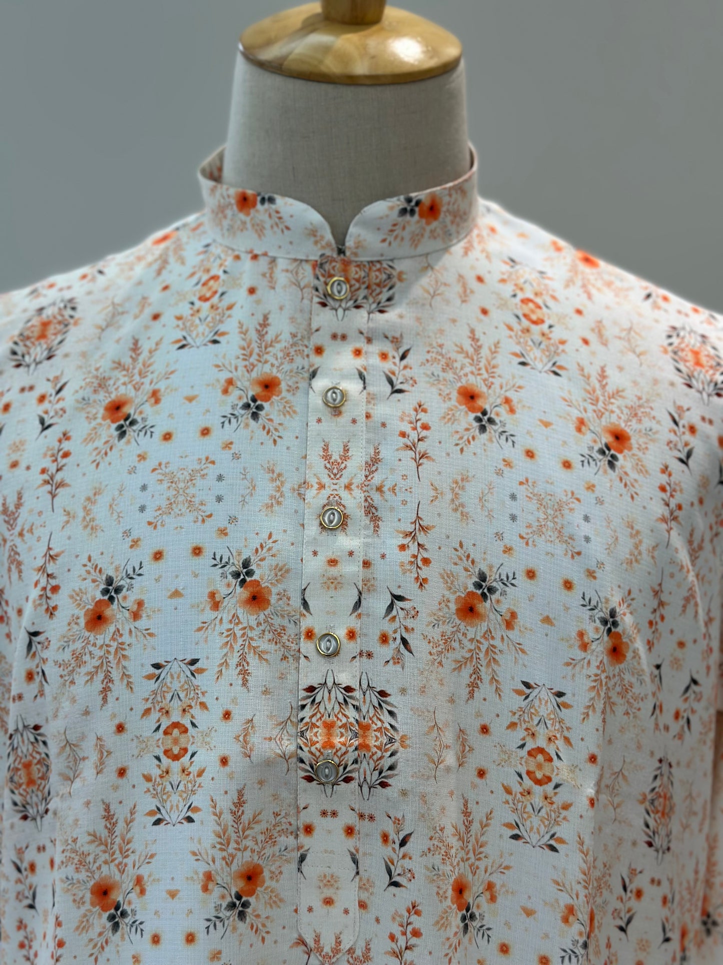 SM0625-01-16 White and Orange Floral Viscose Print Kurta